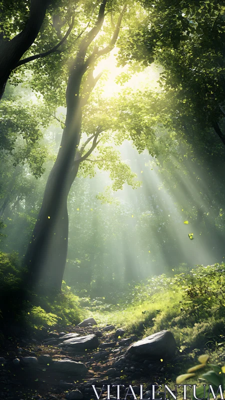 Sunlight filters through an ancient forest canopy.