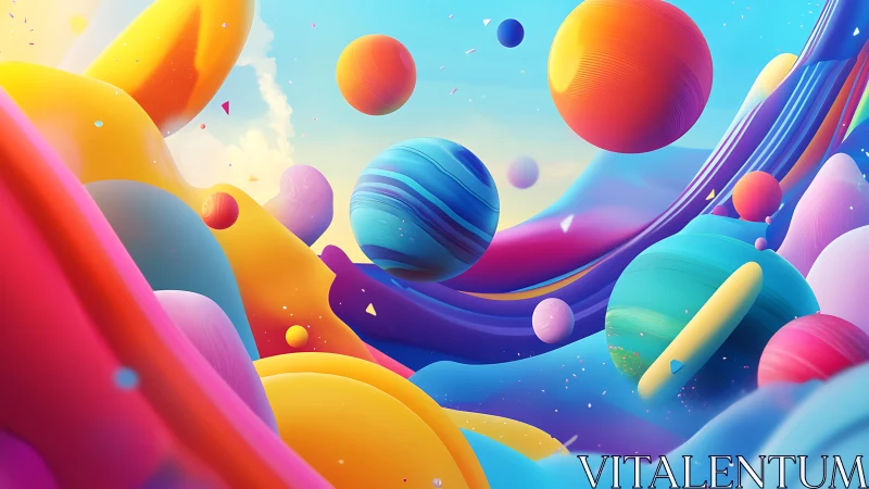 Spherical forms drift above multicolored flowing surfaces