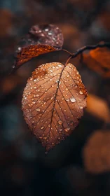 Macro autumn leaf with water droplets on dark bokeh ground.