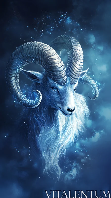 Starlit ram drifts through sapphire nebulae in quiet majesty