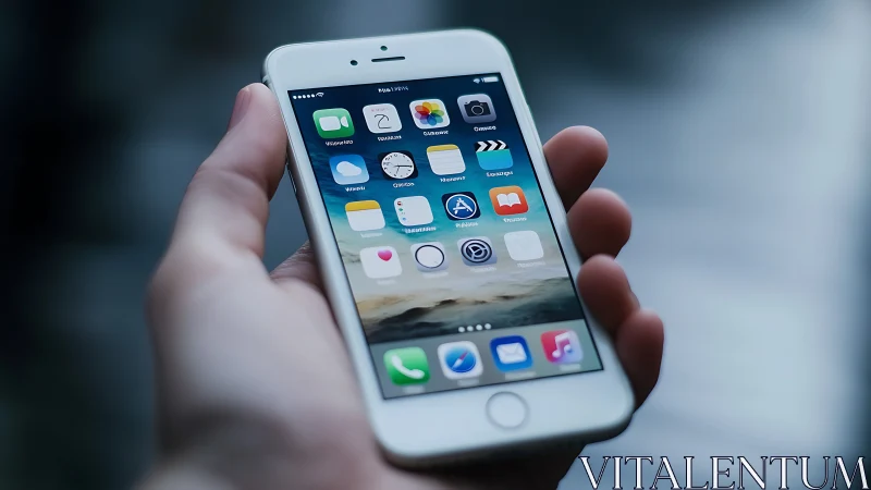 White iPhone held in palm showing iOS home screen interface.