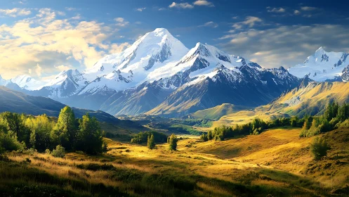 Snowcapped mountain range rises above sunlit valley plains
