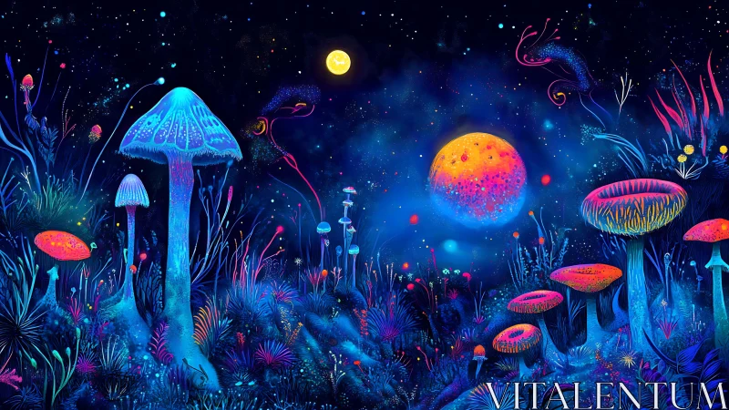 Bioluminescent fungal landscape under dual celestial bodies.