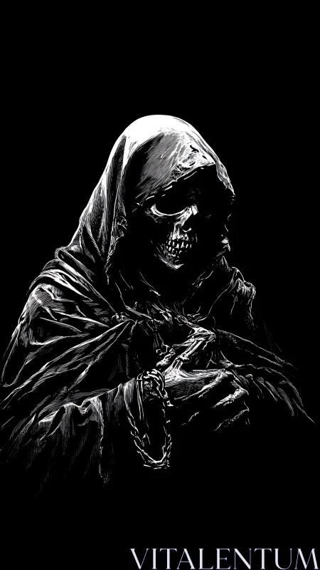 High-contrast skeletal reaper rendered in monochrome crosshatching