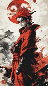 Anime warrior portrait under blood moon, dynamic ink rendering.