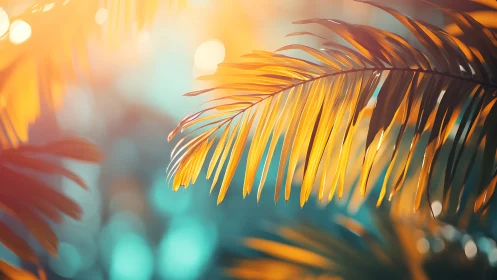 Sunlit tropical palm fronds glow against soft teal bokeh