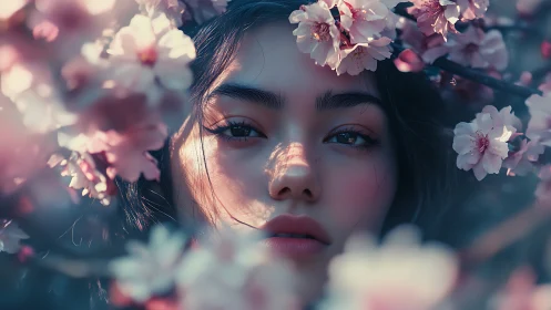 Portrait of a young face framed by dense flowering branches