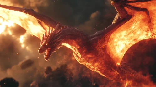 Fire dragon flies through burning sky with glowing wings