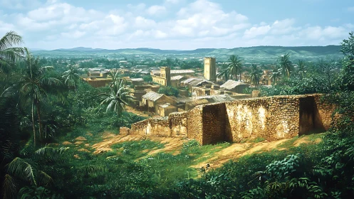 Sunlit hillside village wrapped in lush green countryside.