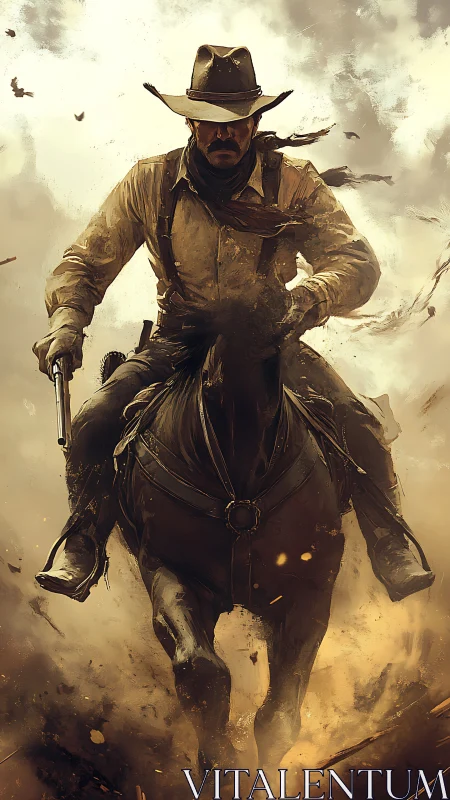 Mounted cowboy advances through dust with revolver drawn