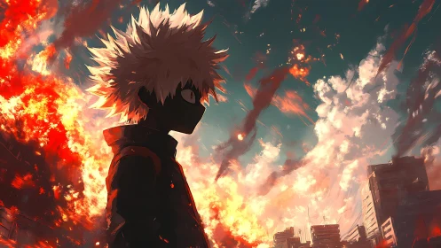 Silhouetted anime antihero watches a blazing city sky burn