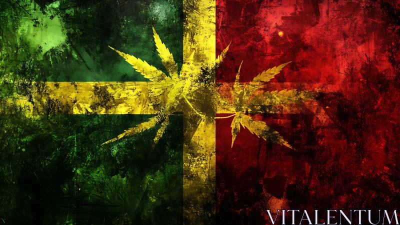 Grunge cannabis leaf crosses textured red green flag field