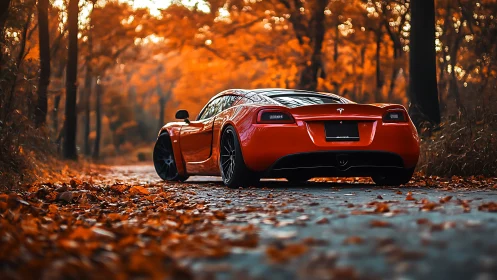 Electric sports car glows in a cinematic autumn forest road