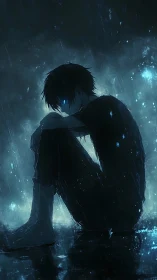 Solitary boy with glowing eyes sits in rain-soaked darkness