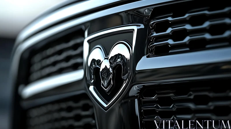 Chromed automotive grille emblem under shallow depth-of-field focus.