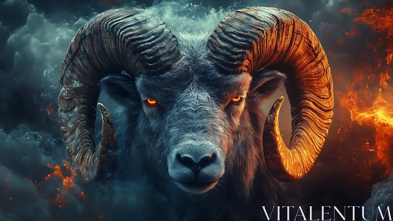 Powerful ram head with glowing eyes in fiery storm clouds.