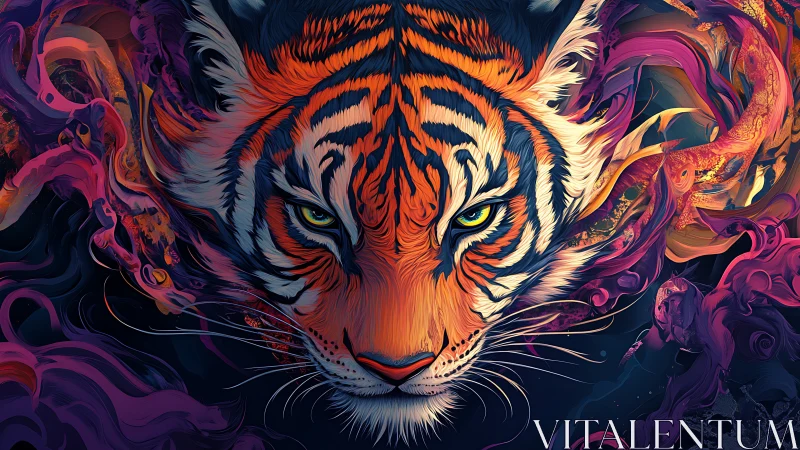 Fierce neon tiger emerges through swirling cosmic flames