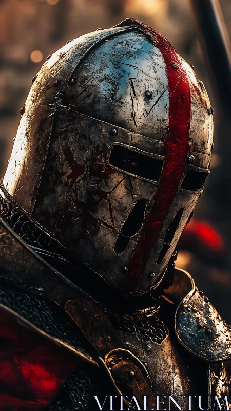 Battle-scarred crusader helm under ember-tinted evening skies.