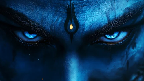 Intense blue face close-up with glowing irises and central forehead symbol