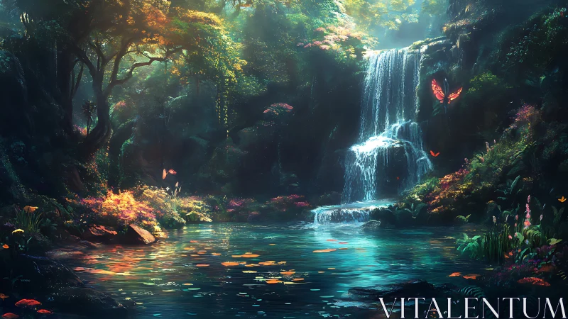 Luminescent forest waterfall rendered in high-fidelity digital painting