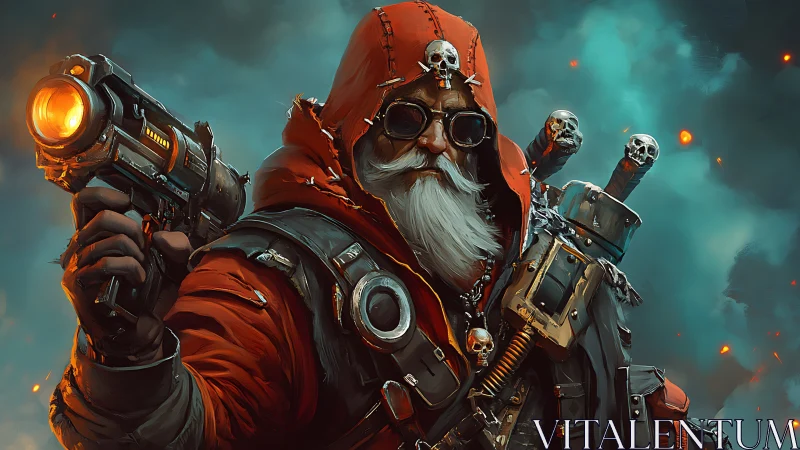 Skull-forged gunslinger strides through ember-torn stormfront.