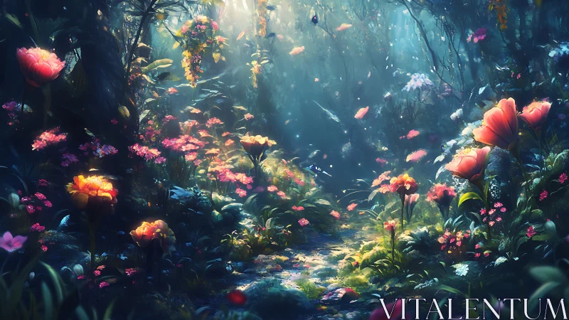 Luminous enchanted forest path with radiant fantasy blooms.