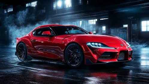 Night street showcase of red sports coupe in neon mist.