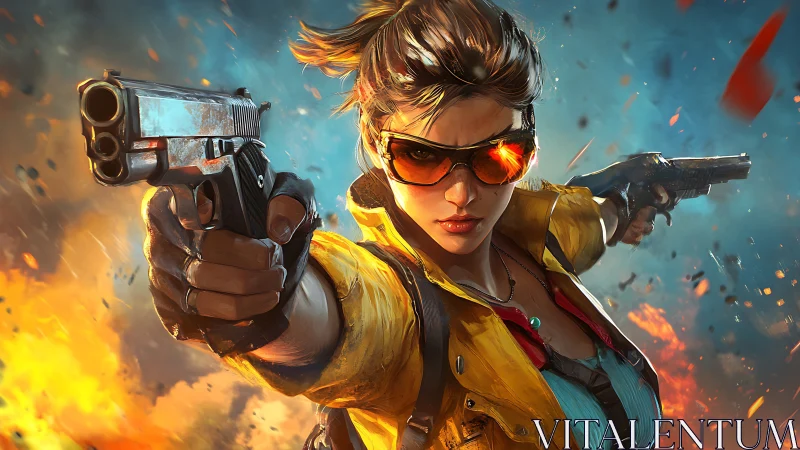 Dual-wielding action heroine in explosive cinematic standoff