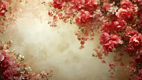 Soft cream backdrop framed by cascading red roses.