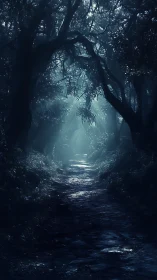 Mystical forest pathway with ethereal light breaking through dark canopy.