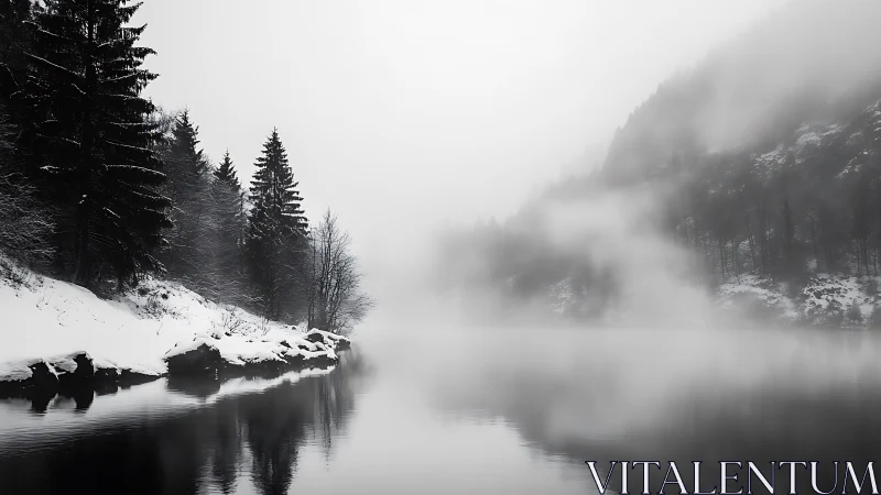 Snow-laden conifer shoreline dissolves into atmospheric river fog