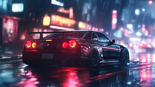 Midnight street racer glows against neon city rain