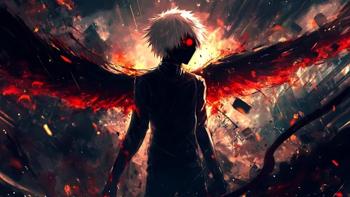 Winged dark figure erupts in crimson fire over ruined city
