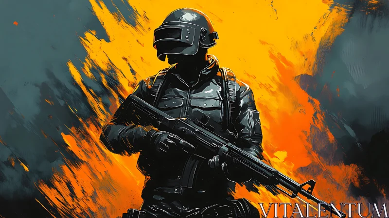 Bold futuristic soldier standing in vivid blazing color.