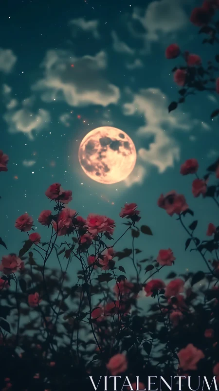 Full Moon Rises Above Nocturnal Rose Garden
