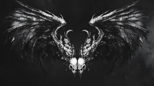 Symmetrical skull-wing sigil in monochrome digital painting.