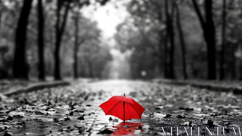 Red umbrella on wet autumn path in muted city park.