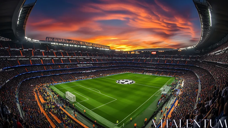 Panoramic packed football stadium under high-saturation sunset sky