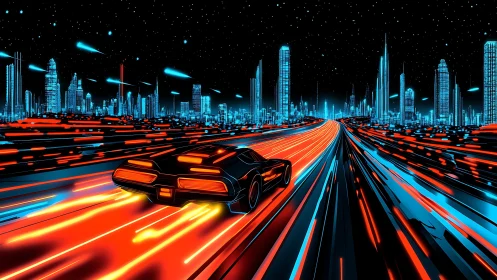 Futuristic vehicle moves along illuminated high speed roadway