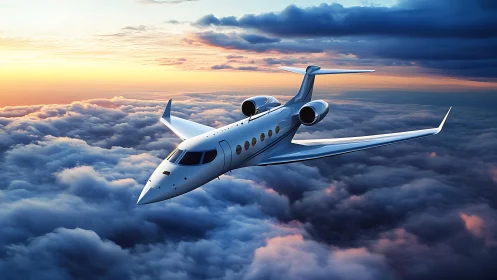 Low-wing twin-jet business aircraft cruising above cloud deck