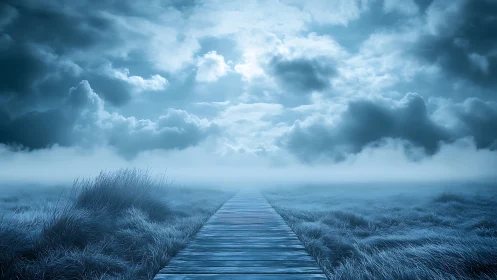 Misty wooden boardwalk cuts through frosted grass under storm clouds