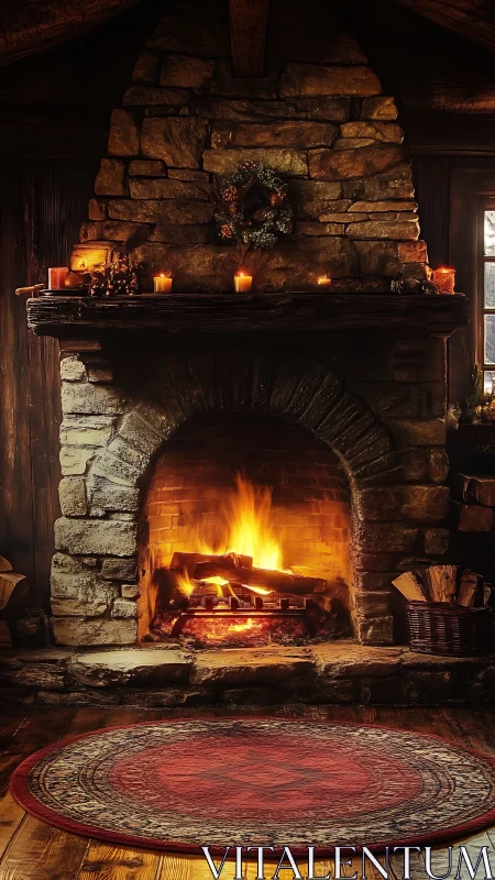 Rustic Stone Fireplace with Active Fire and Holiday Wreath Decor