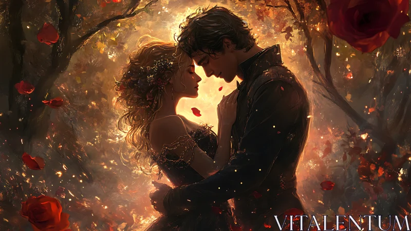 Romantic Embrace in Golden Light: Fantasy Digital Painting.