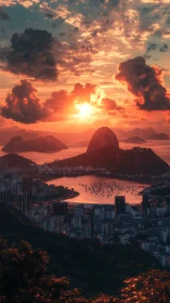 Volumetric sunset over coastal metropolis and bay geometry.