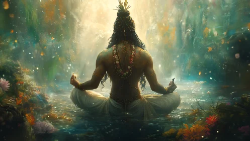 Mystic yogi meditates in luminous forest waterfall pool.