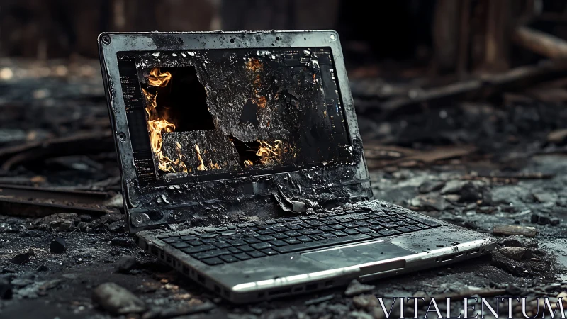 Burned laptop shows fire-damaged screen and melted chassis