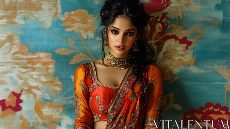 Radiant woman in orange sari glows against floral backdrop