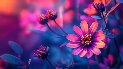 Neon Glow Daisy: Vibrant Pink Flower in Purple Light.