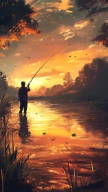 Lone angler casts line across glowing sunset river