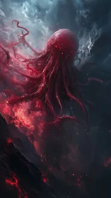 Eldritch crimson leviathan rising through storm-torn abyss.